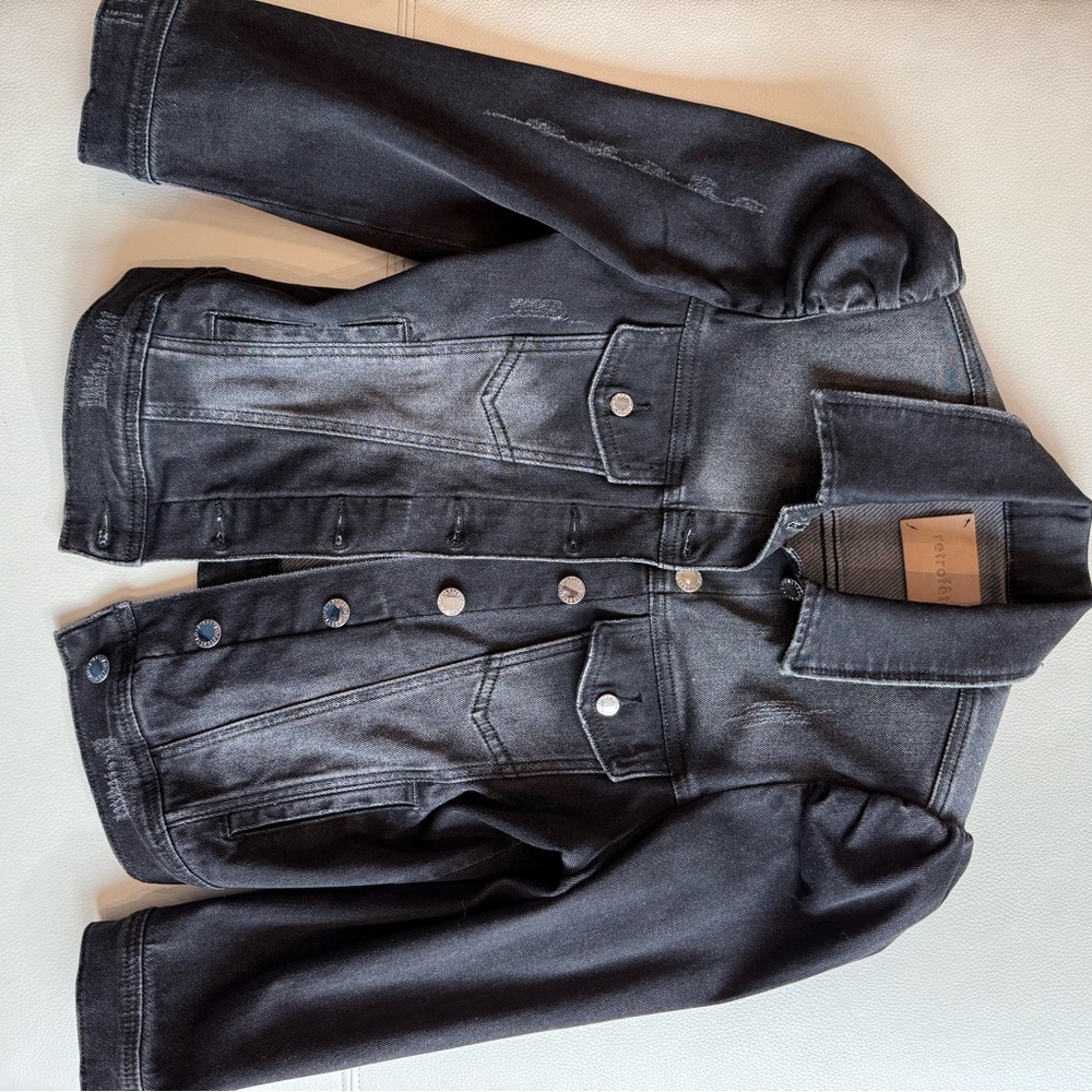 Retrofete black /grey puffed sleeve Denim Jacket small like new adorable !